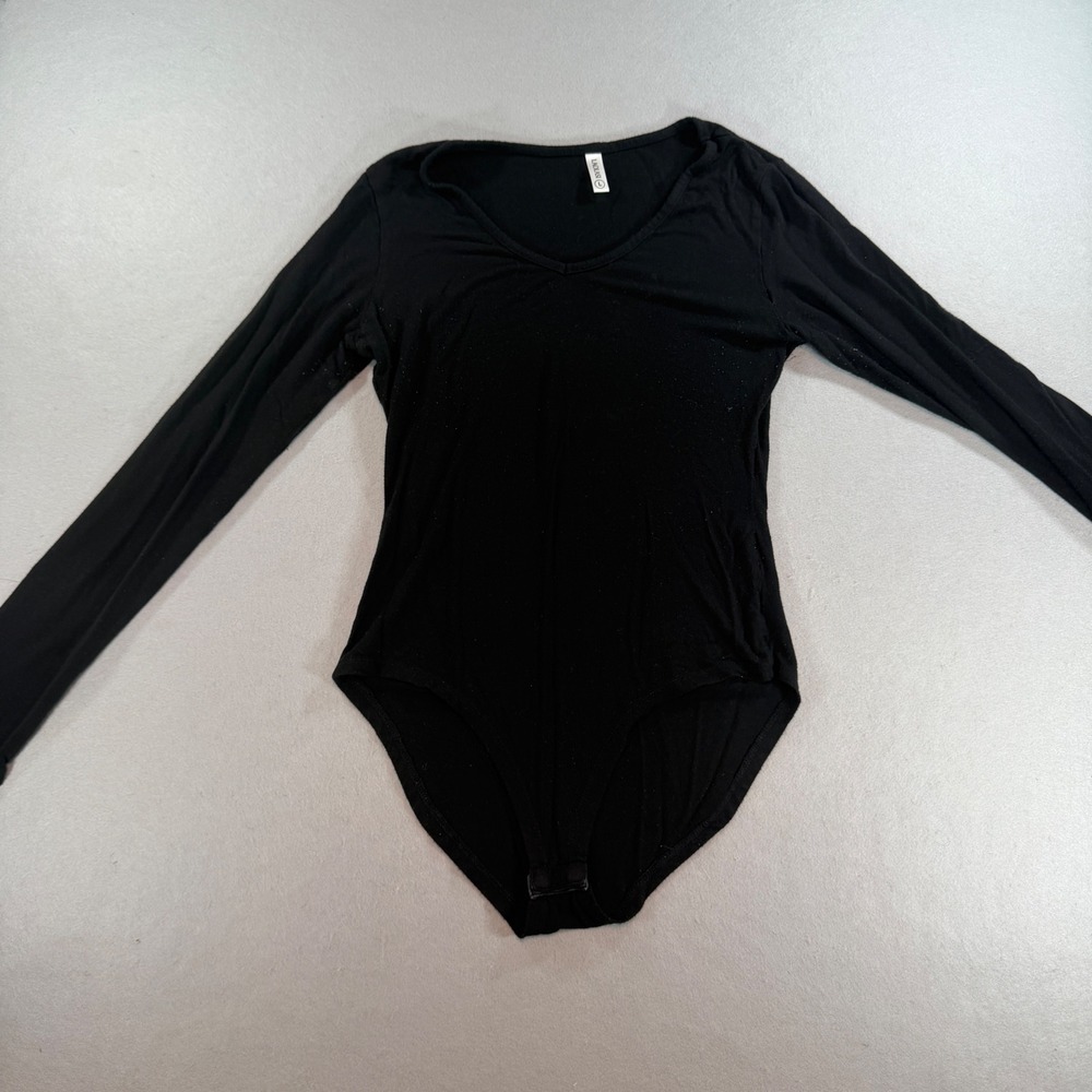 Laolasi Womens Large Black V-Neck Long Sleeve Snap Bodysuit